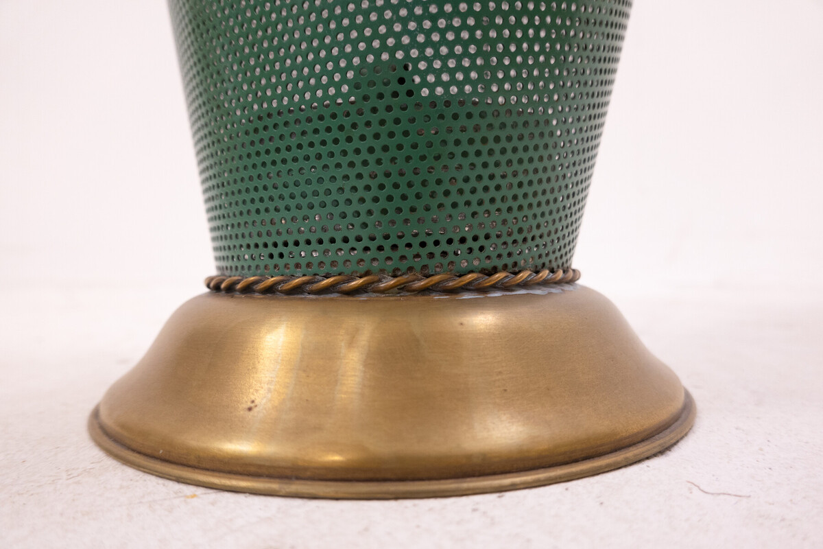 Mid-Century Modern Green Metal and Brass Umbrella Stand - Italy 1950s