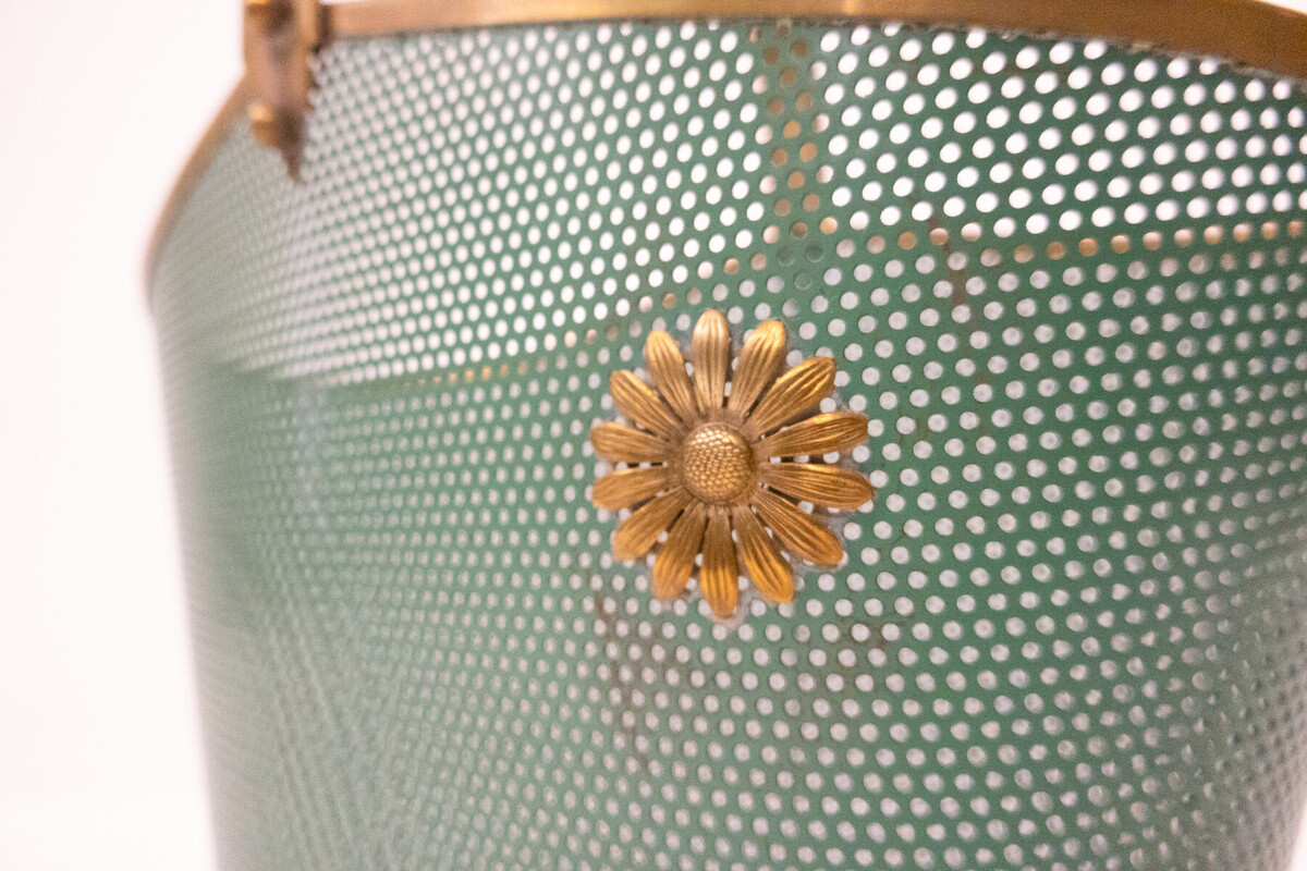 Mid-Century Modern Green Metal and Brass Umbrella Stand - Italy 1950s