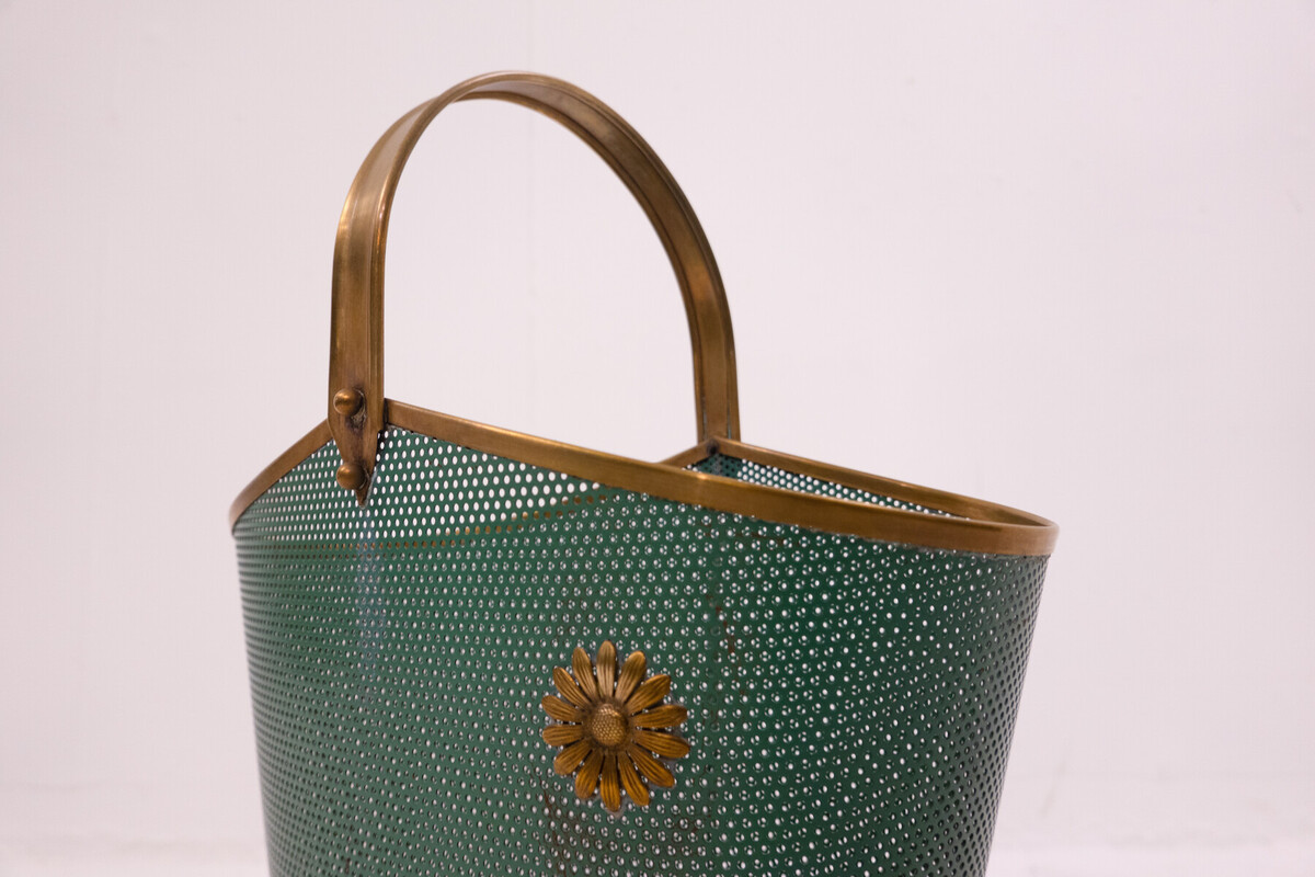 Mid-Century Modern Green Metal and Brass Umbrella Stand - Italy 1950s