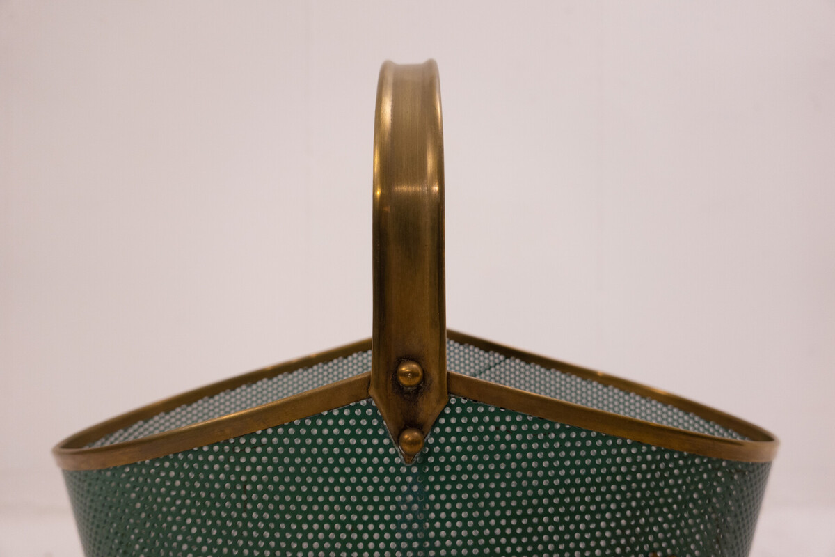Mid-Century Modern Green Metal and Brass Umbrella Stand - Italy 1950s