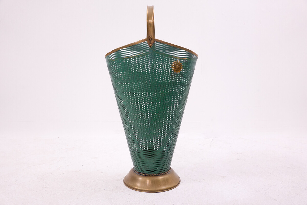Mid-Century Modern Green Metal and Brass Umbrella Stand - Italy 1950s