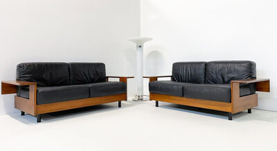 Mid-Century Modern Italian Sofa, Black Leather and Wood, 1960s - a pair Available