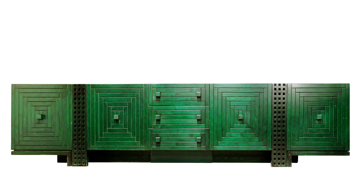 Mid Century Modern long graphic Sideboard in Green stained wood - Italy