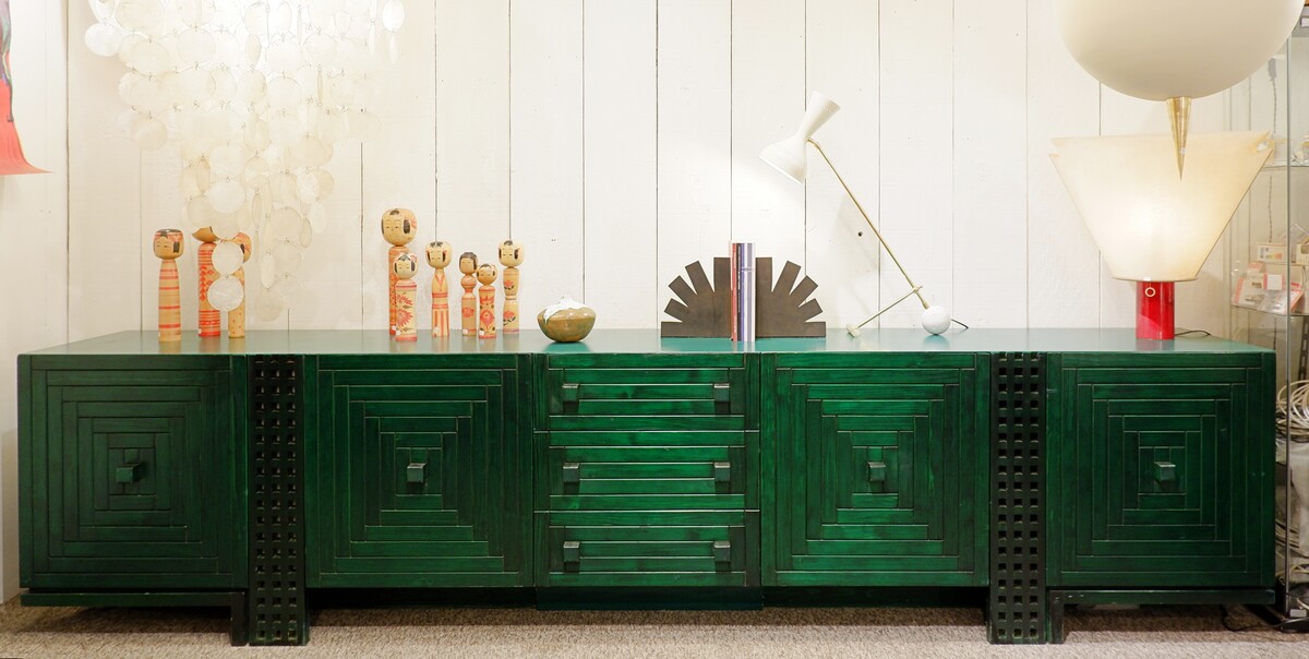Mid Century Modern long graphic Sideboard in Green stained wood - Italy