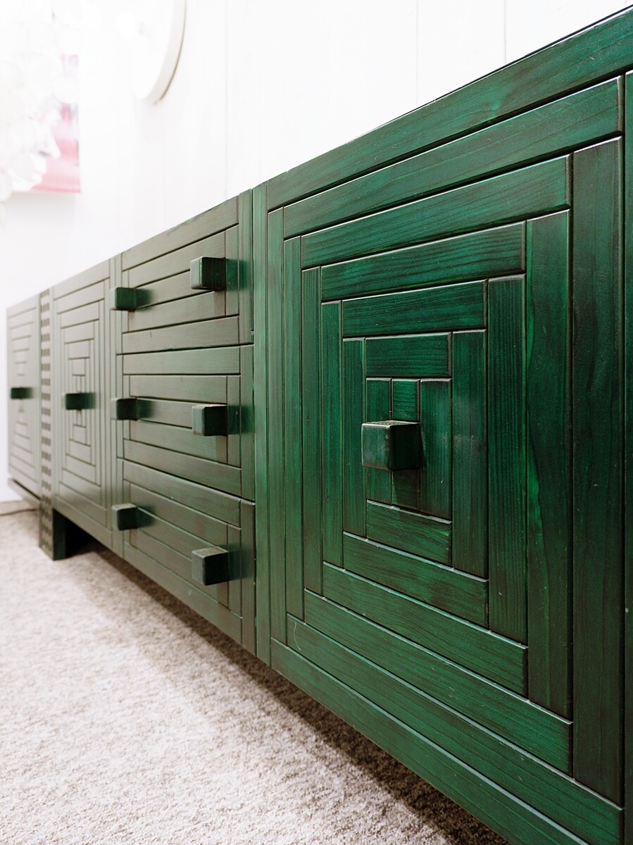 Mid Century Modern long graphic Sideboard in Green stained wood - Italy