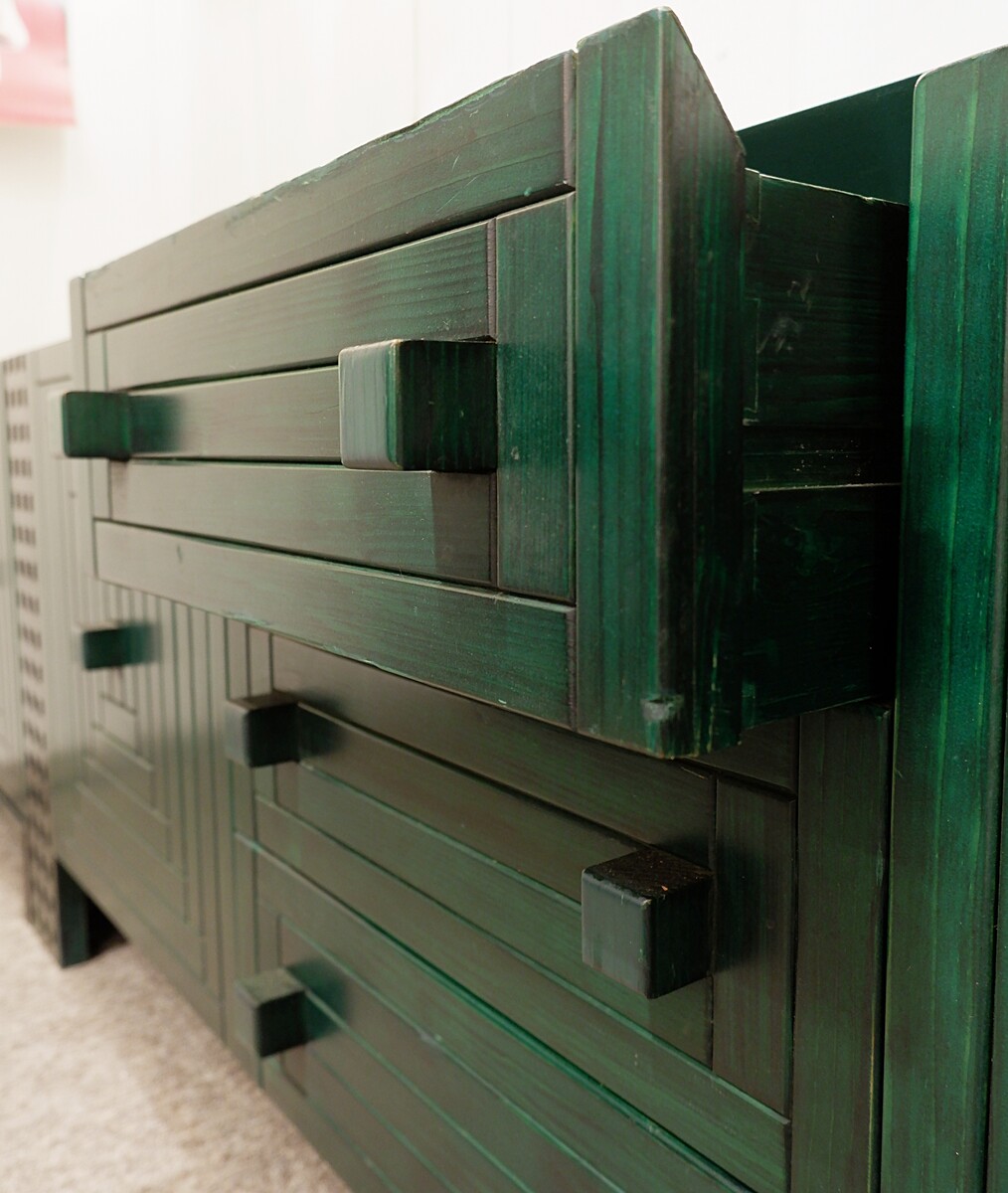 Mid Century Modern long graphic Sideboard in Green stained wood - Italy