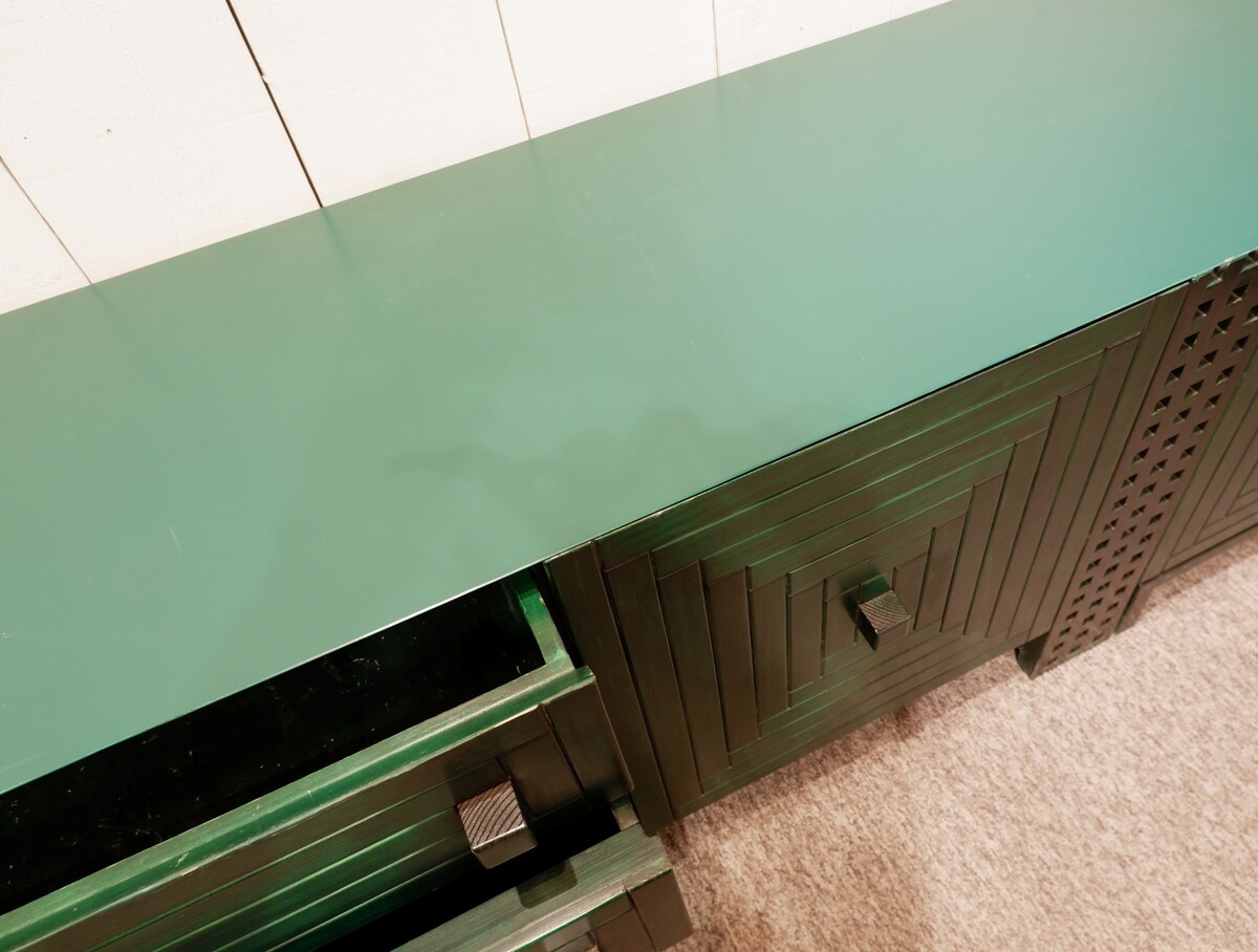 Mid Century Modern long graphic Sideboard in Green stained wood - Italy