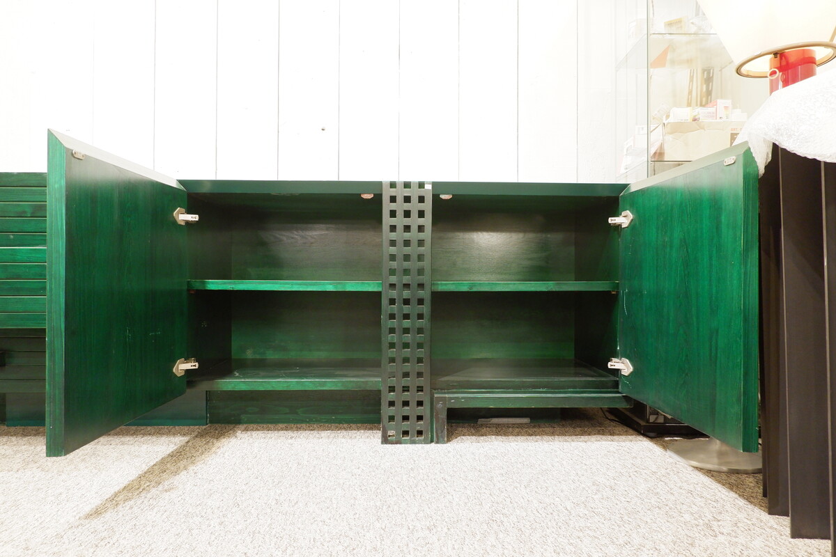 Mid Century Modern long graphic Sideboard in Green stained wood - Italy