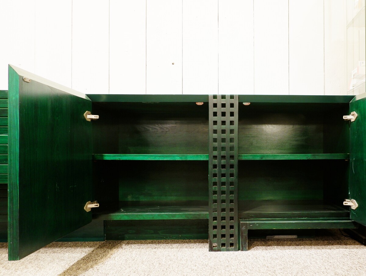 Mid Century Modern long graphic Sideboard in Green stained wood - Italy