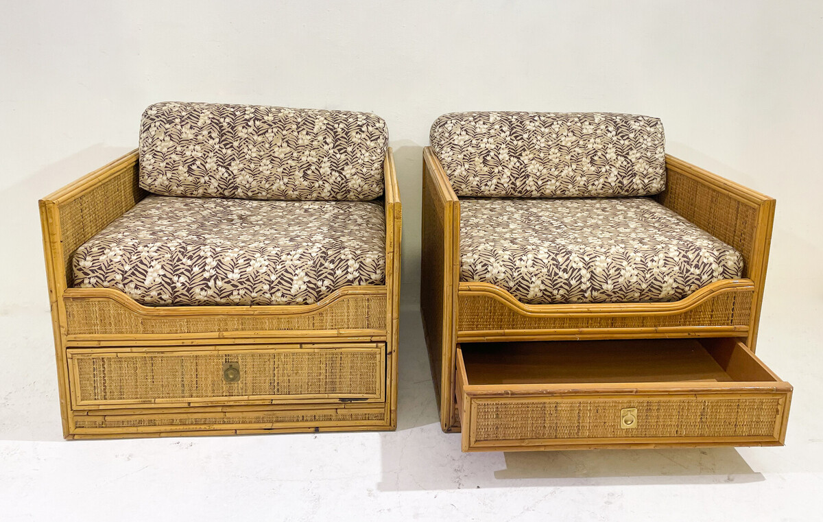 Mid-Century Modern Pair of Bamboo and Rattan Armchairs with Drawers - Italy 1960s