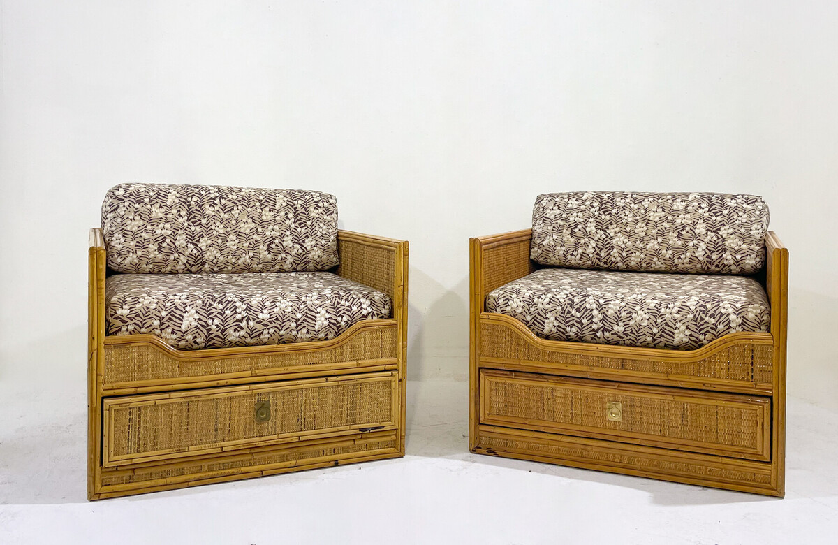 Mid-Century Modern Pair of Bamboo and Rattan Armchairs with Drawers - Italy 1960s