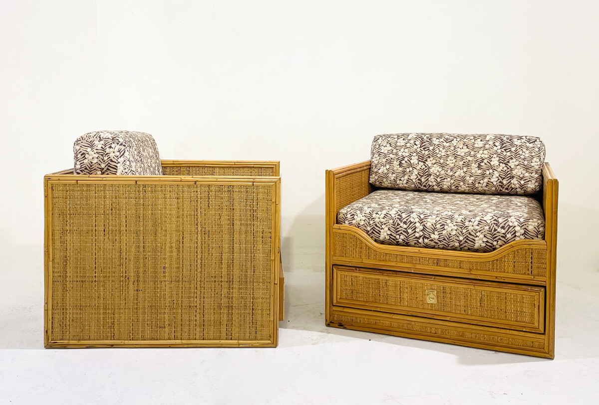 Mid-Century Modern Pair of Bamboo and Rattan Armchairs with Drawers - Italy 1960s