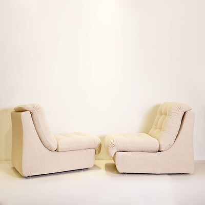 Mid-Century Modern Pair of Beige Bouclette Lounge Chairs - New Upholstery