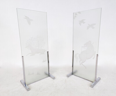 Mid-Century Modern Pair of Engraved Glass Panels