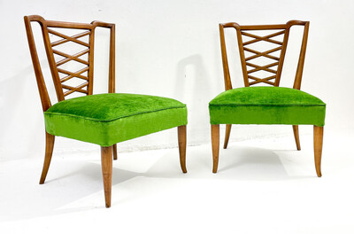 Mid-Century Modern Pair of Green Fireside Armchairs by Osvaldo Borsani, Walnut, Italy, 1950s