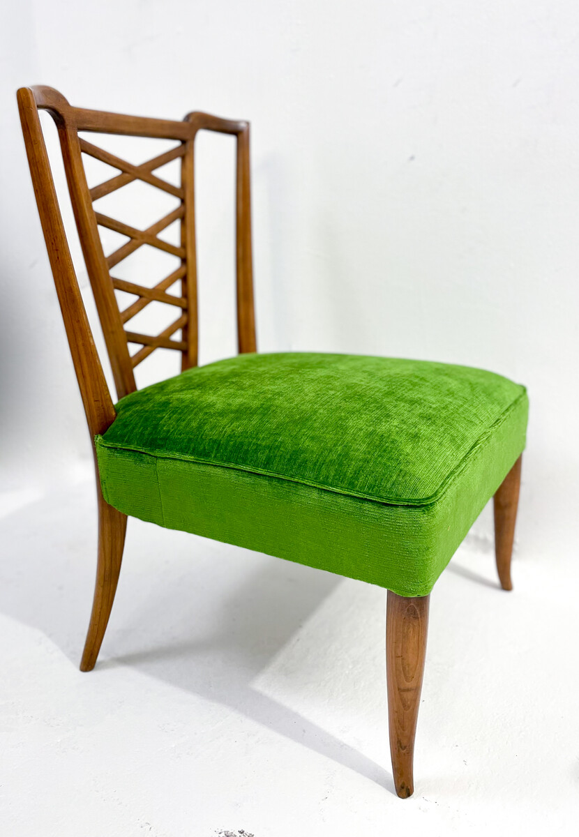Mid-Century Modern Pair of Green Fireside Armchairs by Osvaldo Borsani, Walnut, Italy, 1950s