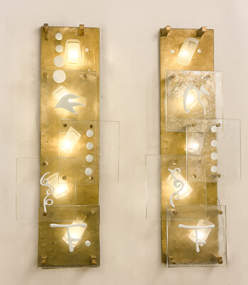 Mid-Century Modern Pair of Wall Lights, Glass and Brass, Italy