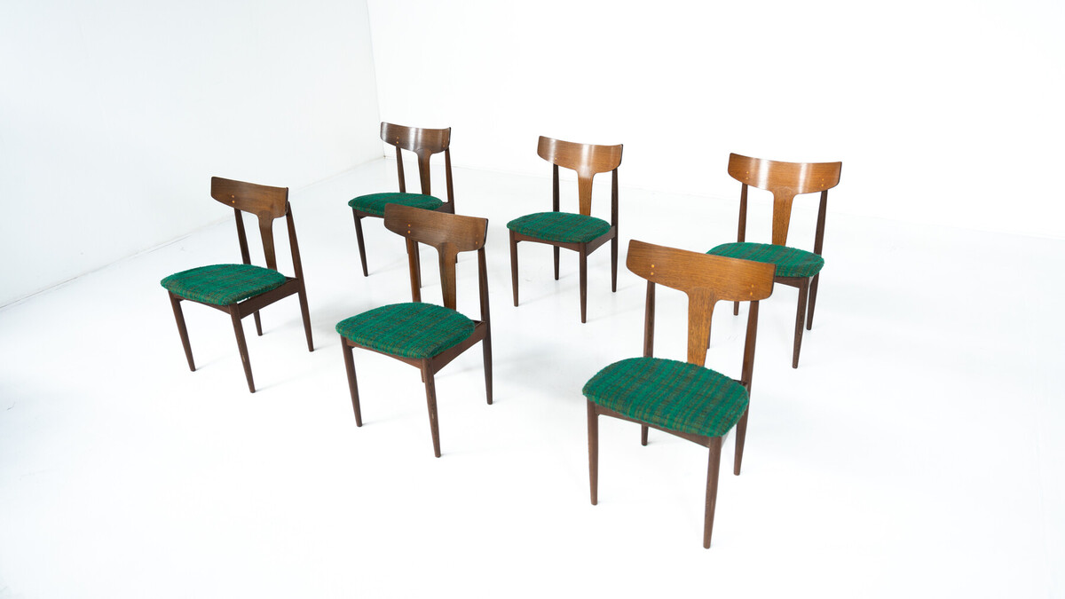 Mid-Century Modern Set of 6 Chairs, Wood and Fabric, Italy - Original Upholstery