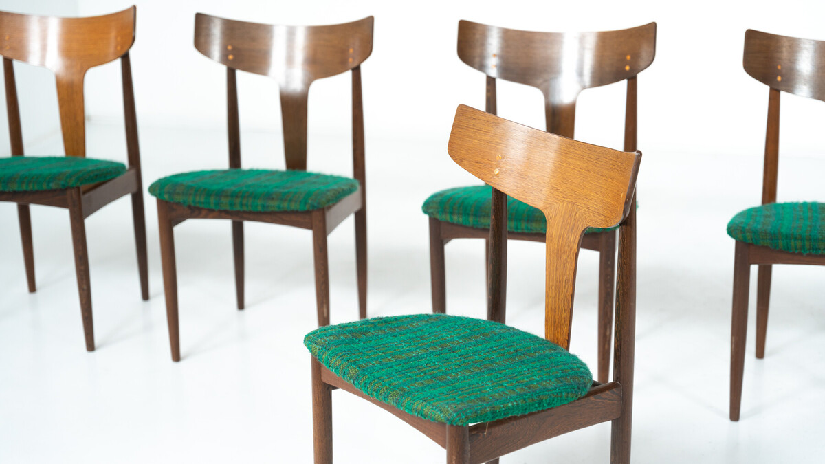 Mid-Century Modern Set of 6 Chairs, Wood and Fabric, Italy - Original Upholstery