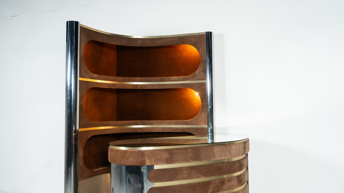 Mid-Century Modern Suede Bar by Willy Rizzo, Italy, 1970s