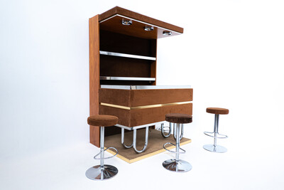 Mid-Century Modern Suede Bar Willy Rizzo Style with 3 Stool, Italy, 1970s