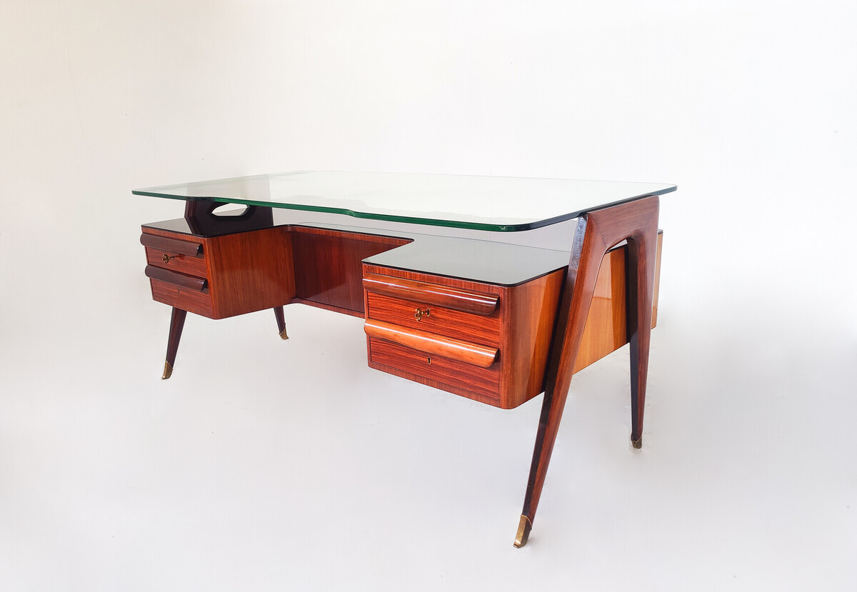 Mid-Century Modern Vittorio Dassi Desk, Wood and Glass, 1950s
