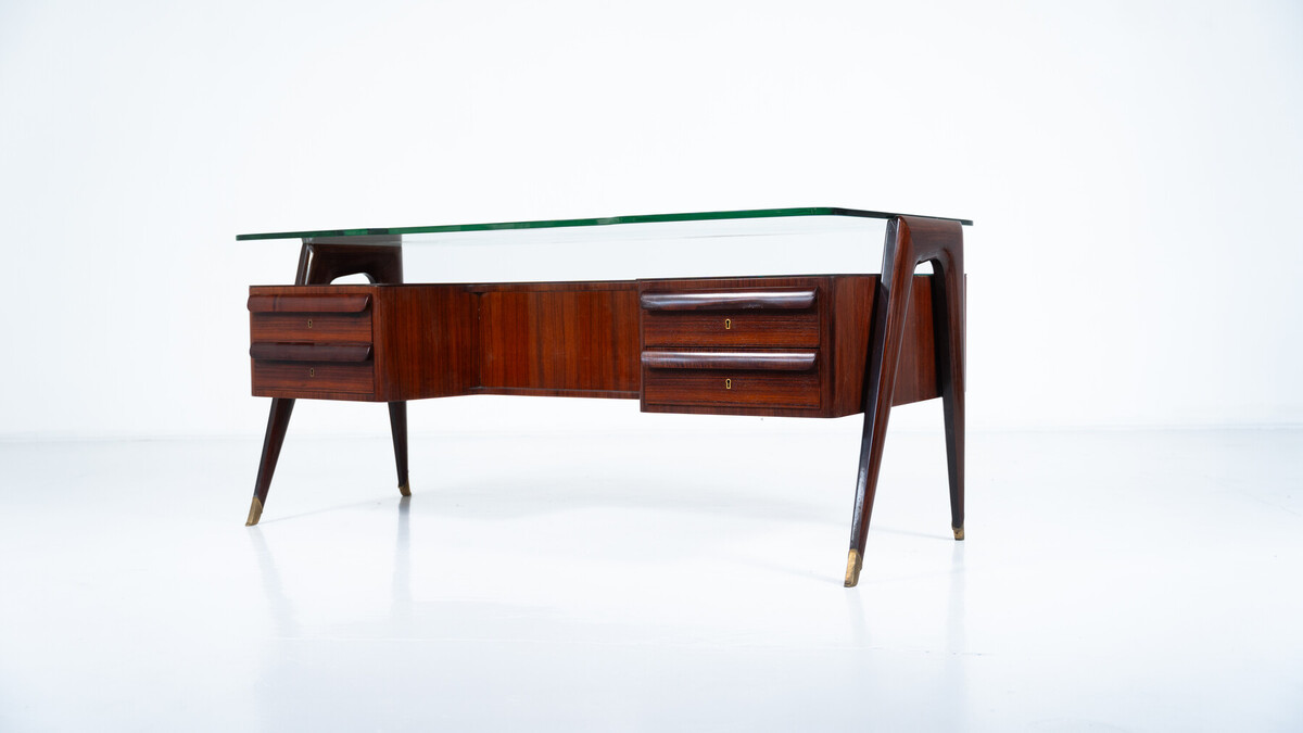 Mid-Century Modern Vittorio Dassi Desk, Wood and Glass, 1950s