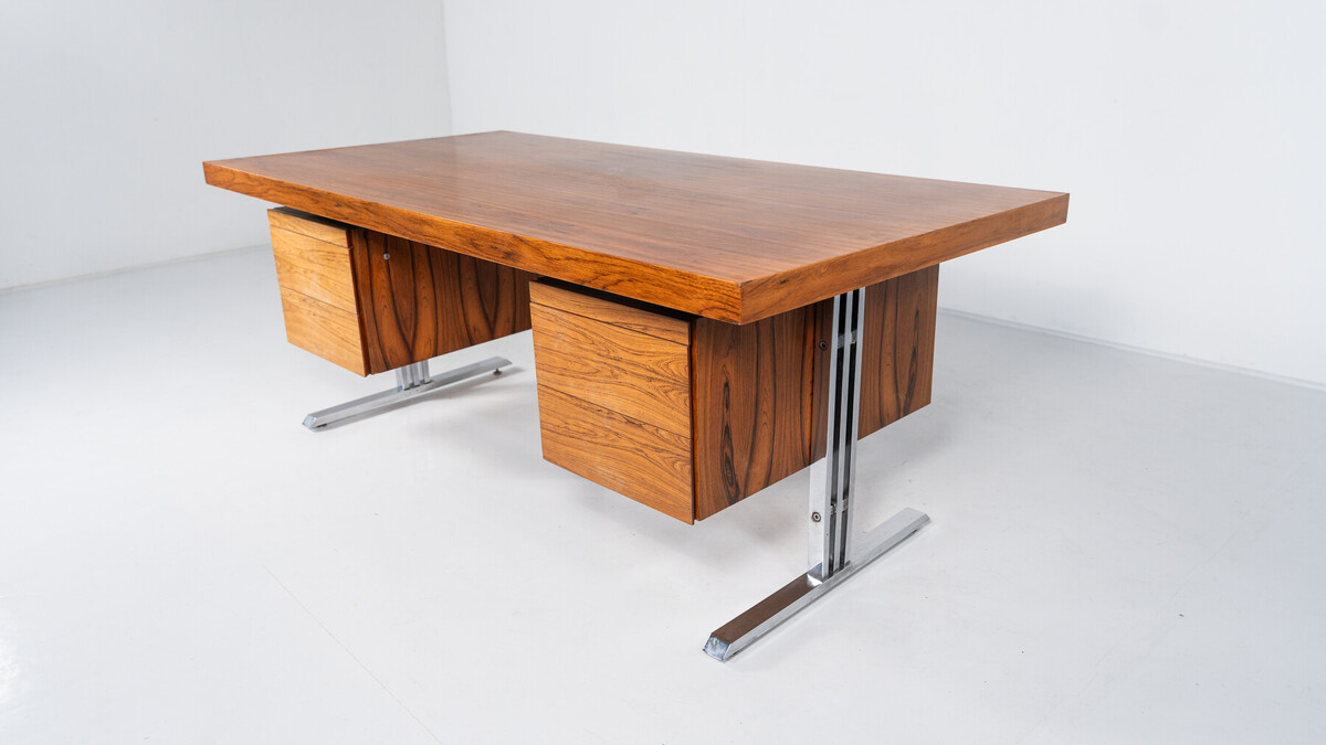 Mid-Century Modern Wooden and Chrome Desk, Italy, 1970s