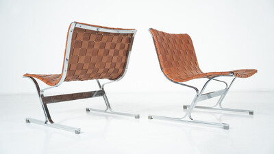 Mid-Century Pair of Lounge Chairs by Ross Littell for ICF, Cognac Leather, Italy, 1970s
