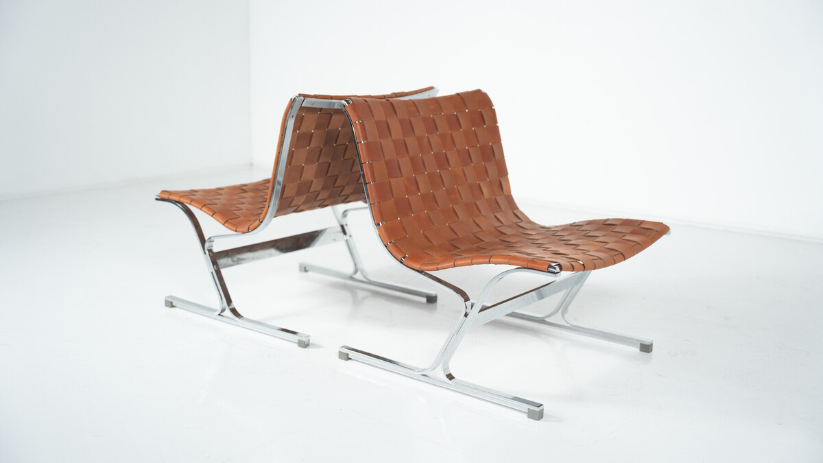 Mid-Century Pair of Lounge Chairs by Ross Littell for ICF, Cognac Leather, Italy, 1970s