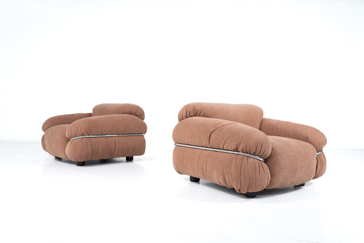 Mid-Century Pair of Sesann Armchairs by Gianfranco Frattini for Cassina, Italy, 1970s - New Upholstery