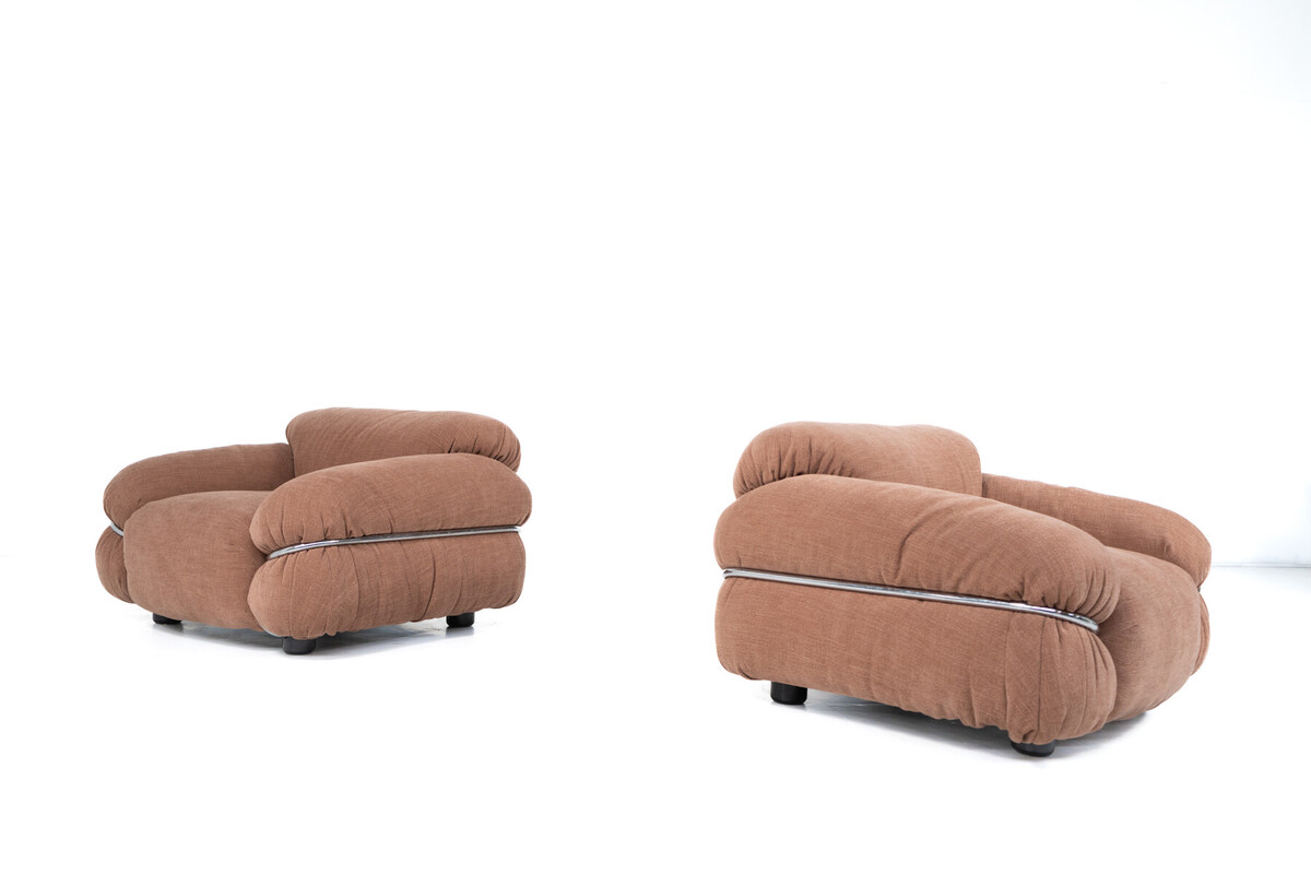 Mid-Century Pair of Sesann Armchairs by Gianfranco Frattini for Cassina, Italy, 1970s - New Upholstery