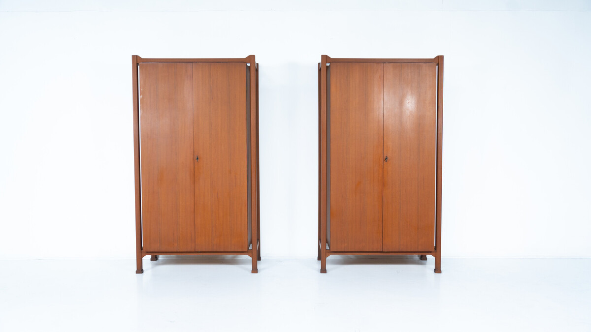 Mid-Century Pair of Wooden Wardrobes, Italy, 1960s