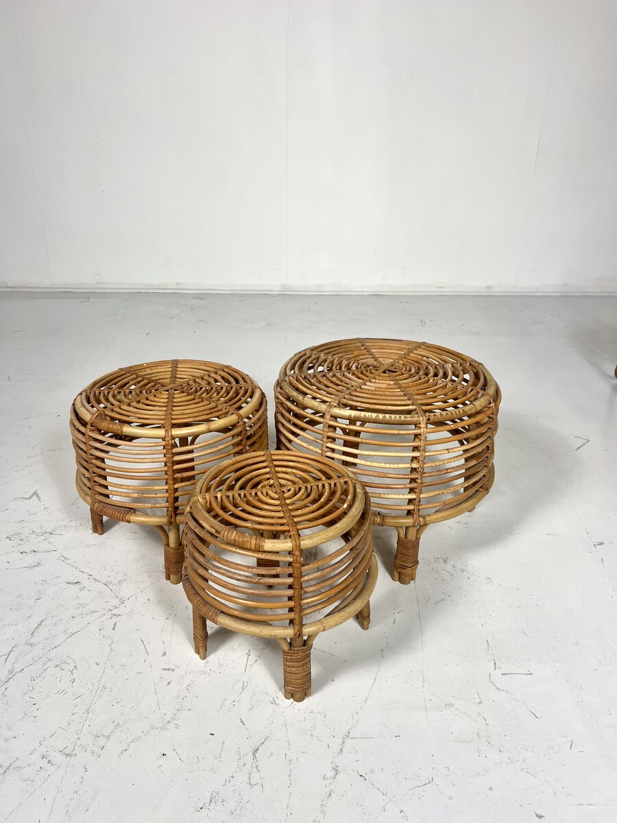 Mid-Century Rattan Nesting Coffee Table, Set of 3