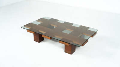 Mid-Century Rectangular Coffee Table, Walnut and Glass, Italy , 1960s
