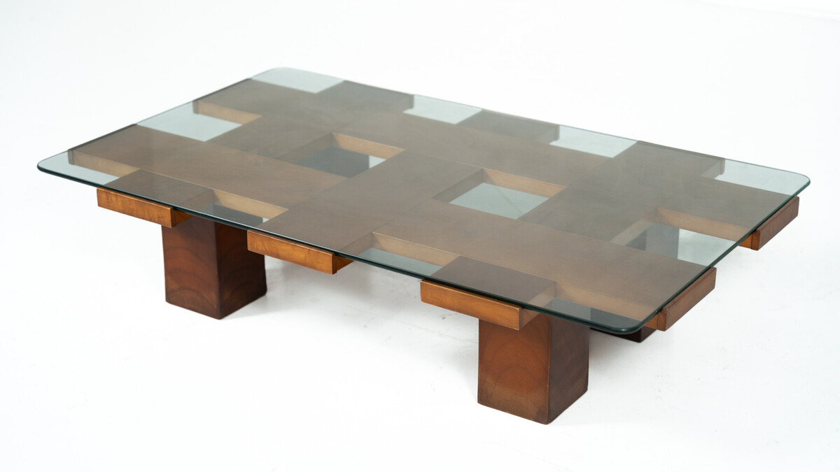 Mid-Century Rectangular Coffee Table, Walnut and Glass, Italy , 1960s
