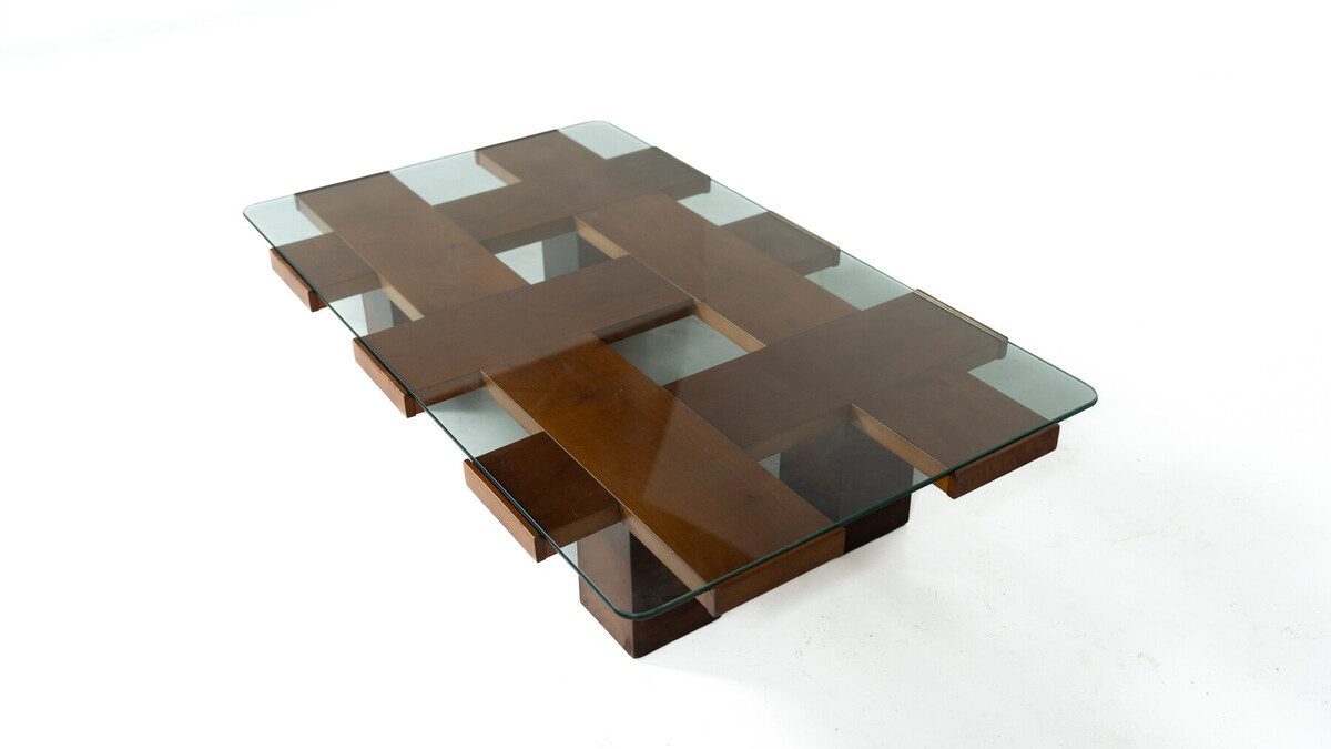 Mid-Century Rectangular Coffee Table, Walnut and Glass, Italy , 1960s