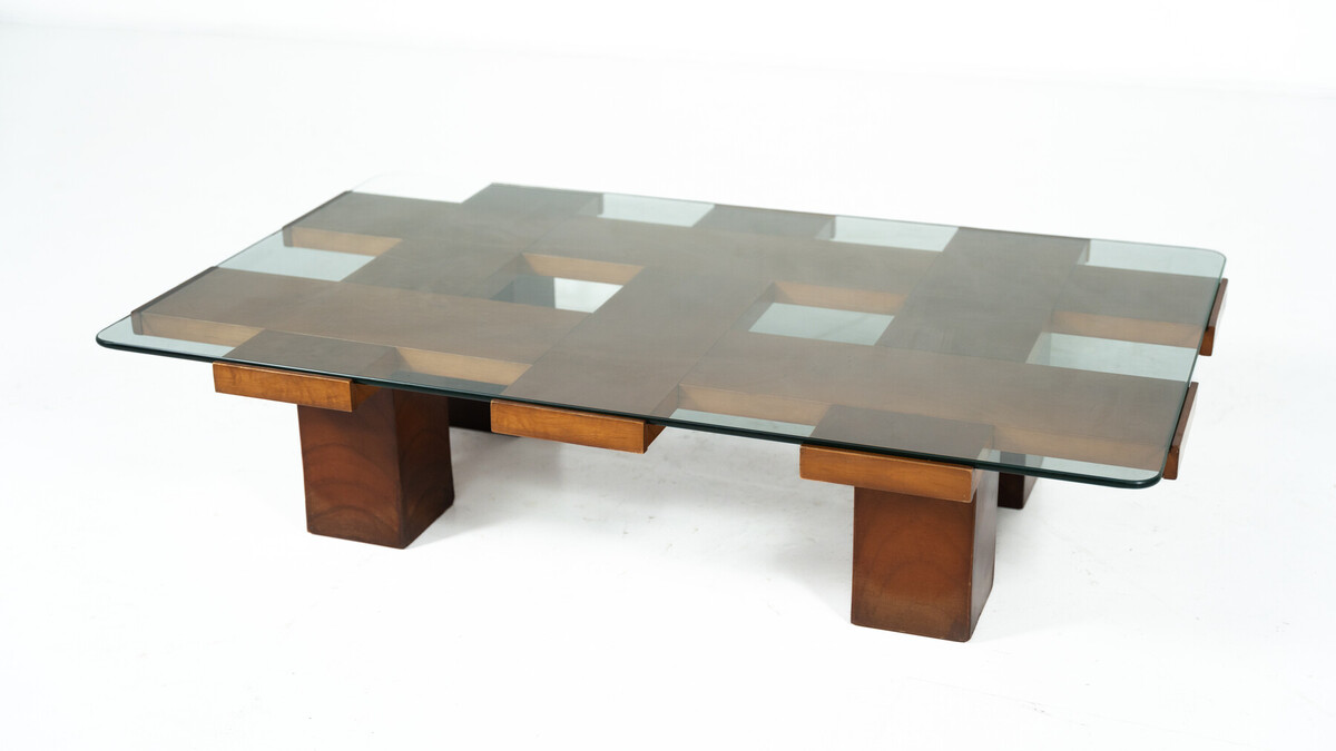Mid-Century Rectangular Coffee Table, Walnut and Glass, Italy , 1960s