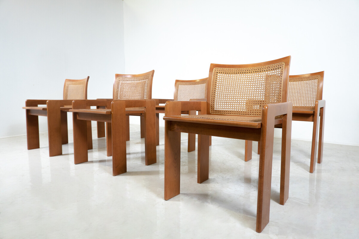 Mid-Century Set of 6 Wooden Chairs, Oak and Cane,1970s, Italy