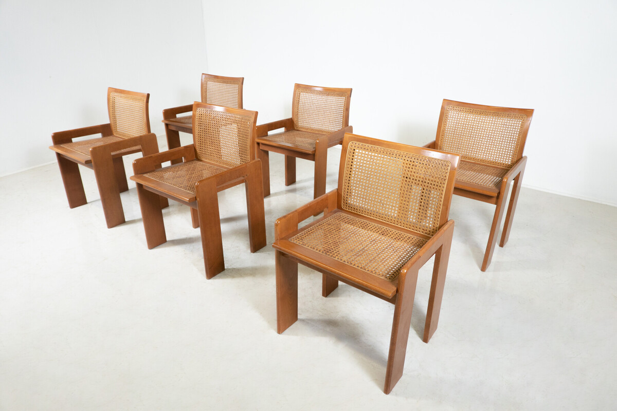 Mid-Century Set of 6 Wooden Chairs, Oak and Cane,1970s, Italy