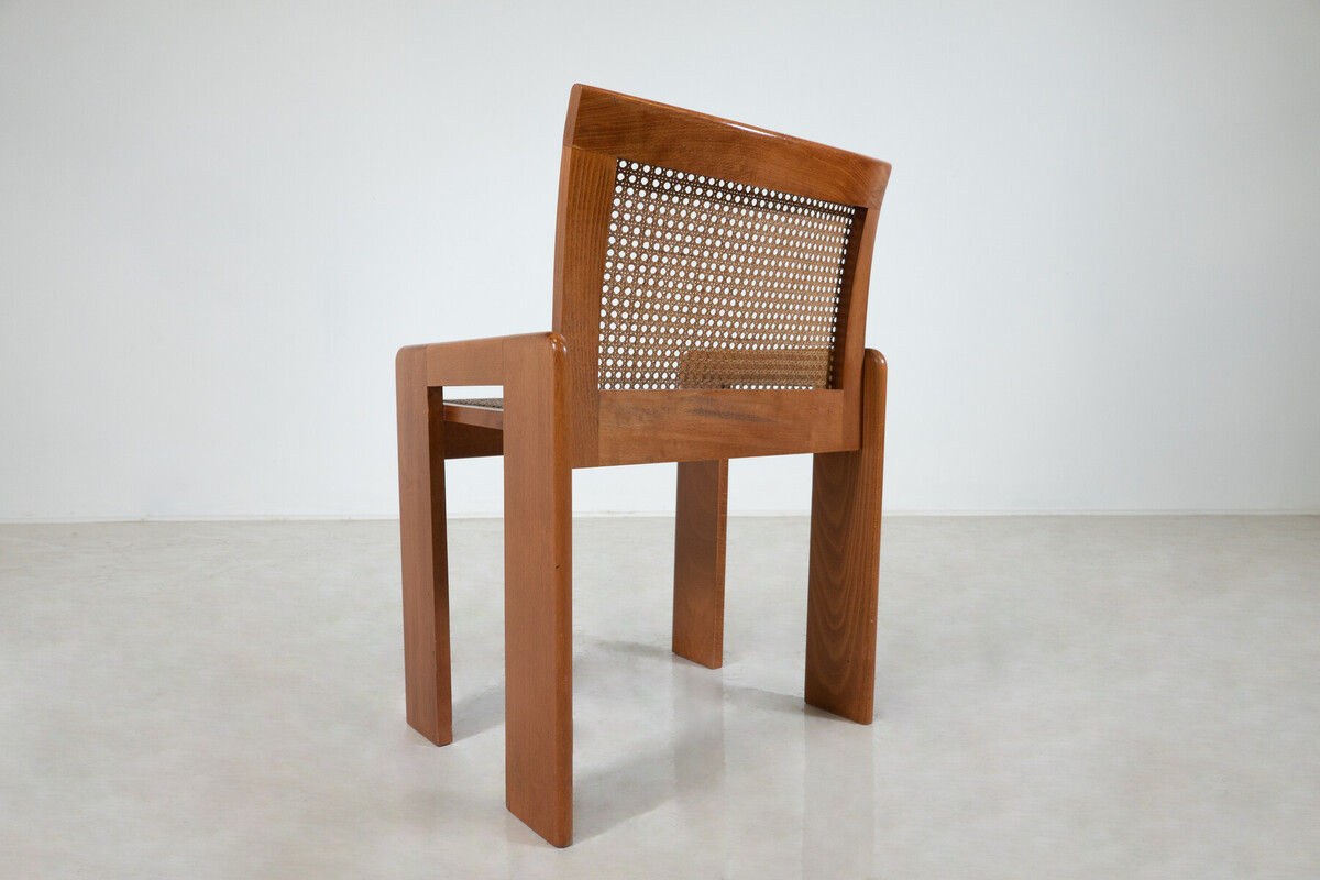 Mid-Century Set of 6 Wooden Chairs, Oak and Cane,1970s, Italy