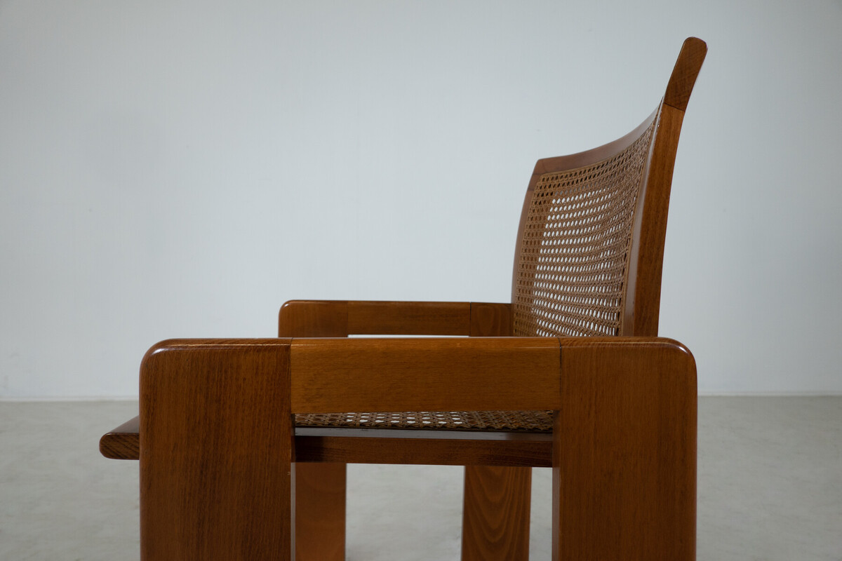 Mid-Century Set of 6 Wooden Chairs, Oak and Cane,1970s, Italy