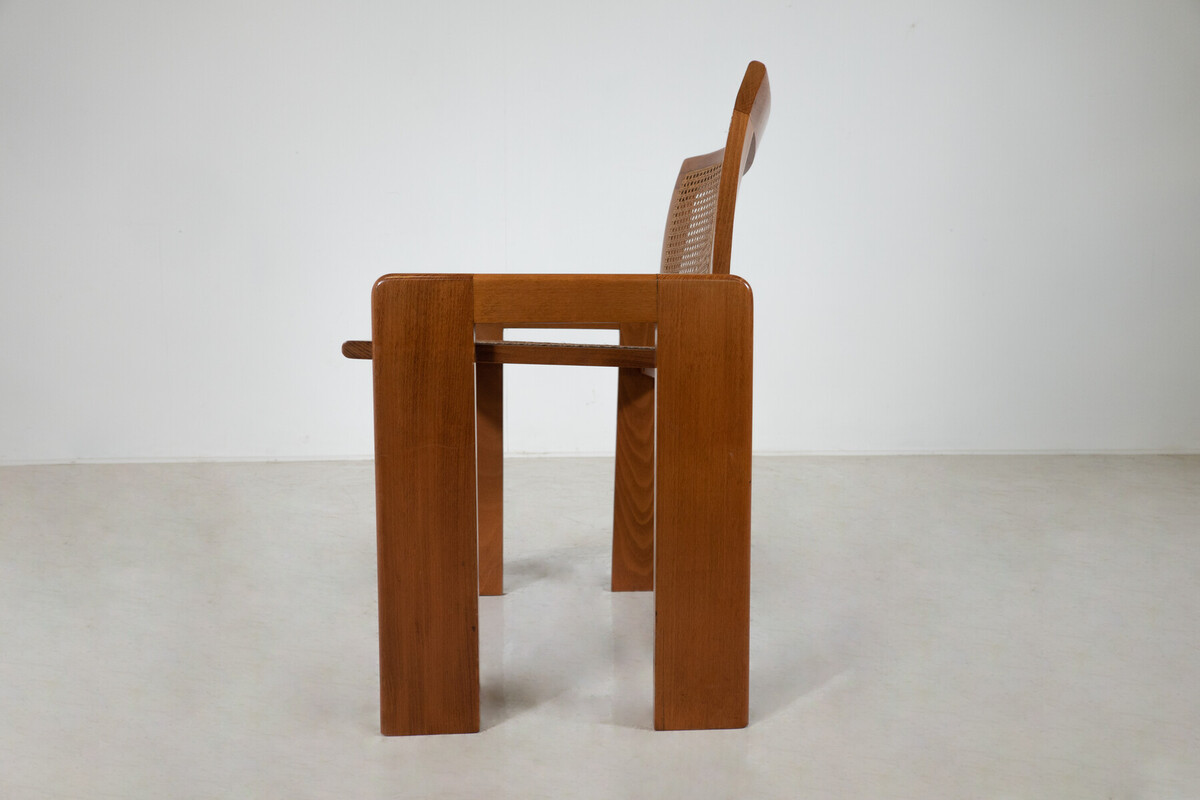 Mid-Century Set of 6 Wooden Chairs, Oak and Cane,1970s, Italy