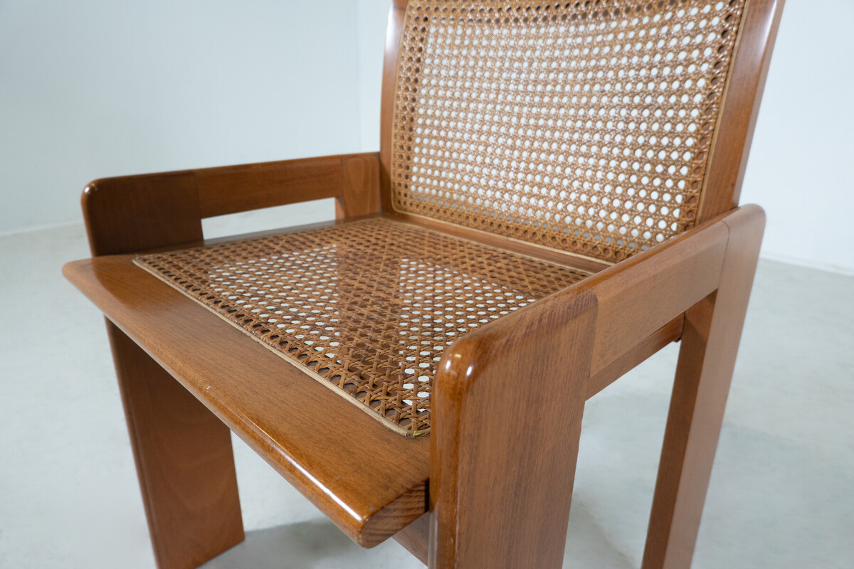 Mid-Century Set of 6 Wooden Chairs, Oak and Cane,1970s, Italy