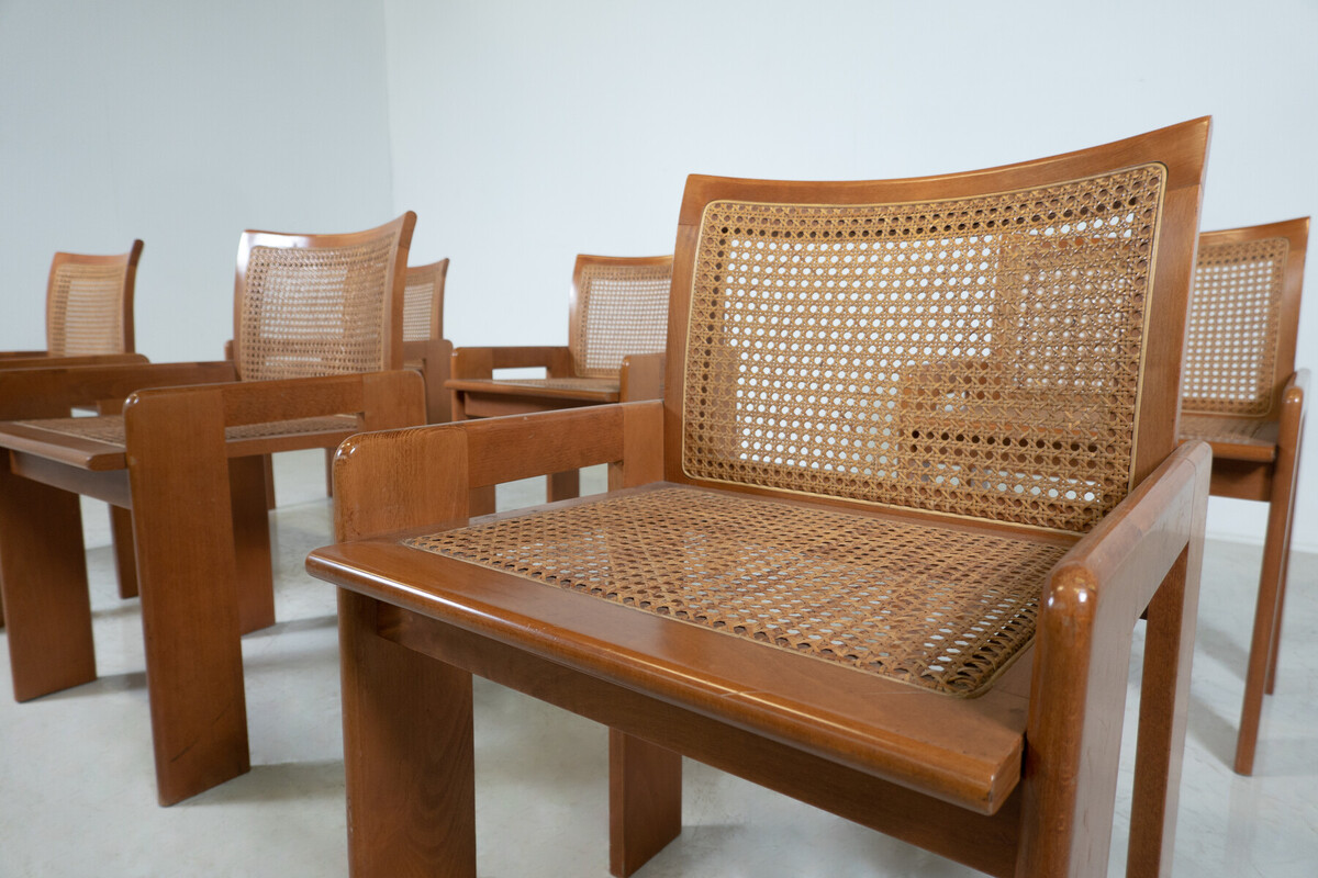 Mid-Century Set of 6 Wooden Chairs, Oak and Cane,1970s, Italy