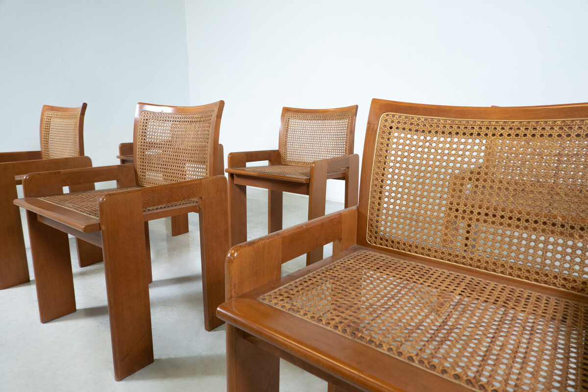 Mid-Century Set of 6 Wooden Chairs, Oak and Cane,1970s, Italy