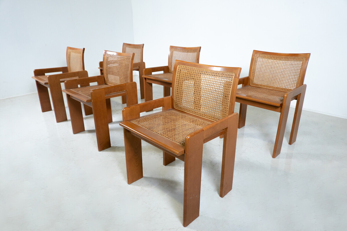 Mid-Century Set of 6 Wooden Chairs, Oak and Cane,1970s, Italy