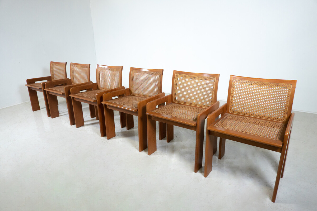 Mid-Century Set of 6 Wooden Chairs, Oak and Cane,1970s, Italy