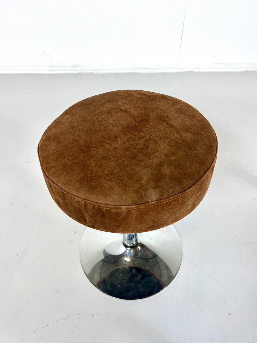 Mid-Century Stools, Chrome & Brown Leather Seat, 1970S - Set Of 6