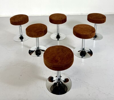 Mid-Century Stools, Chrome & Brown Leather Seat, 1970S - Set Of 6